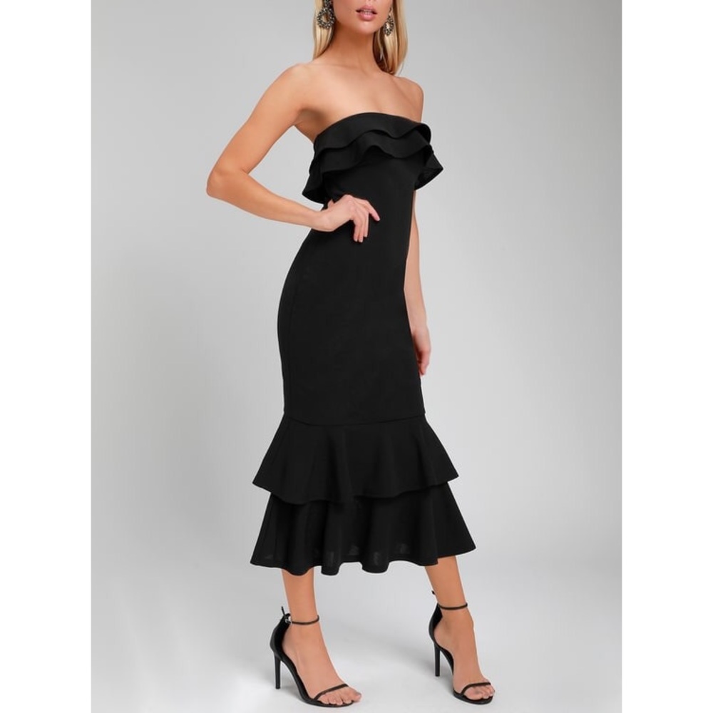 Lulu’s Black Ruffled Strapless Midi Dress